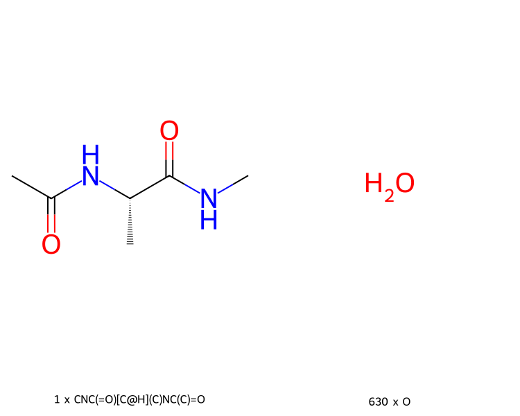 Chemical structure of aladip in water shown in two columns